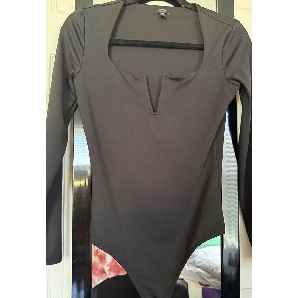 Express Body Contour Black Long Sleeve Notched Square Neck Bodysuit Small